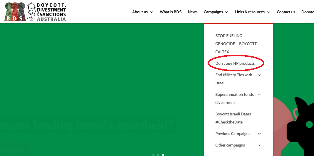 Screenshot of BDS Australia website highlighting the "Don't buy HP products" campaign