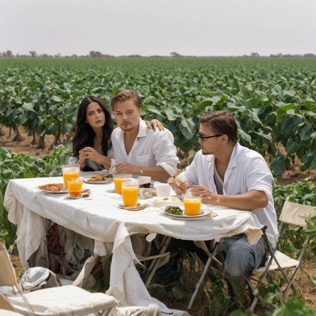 Image with seed 3145429052 generated via Stable Diffusion through @stablehorde@sigmoid.social. Prompt: Leonardo DiCaprio and Salma Hayek having breakfast in the morning near a huge cotton field