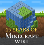 A screenshot of old Minecraft Wiki logo on grass and stone background. 
Below old logo there is yellow subtitle "15 YEARS OF" and white title "MINECRAFT WIKI".
