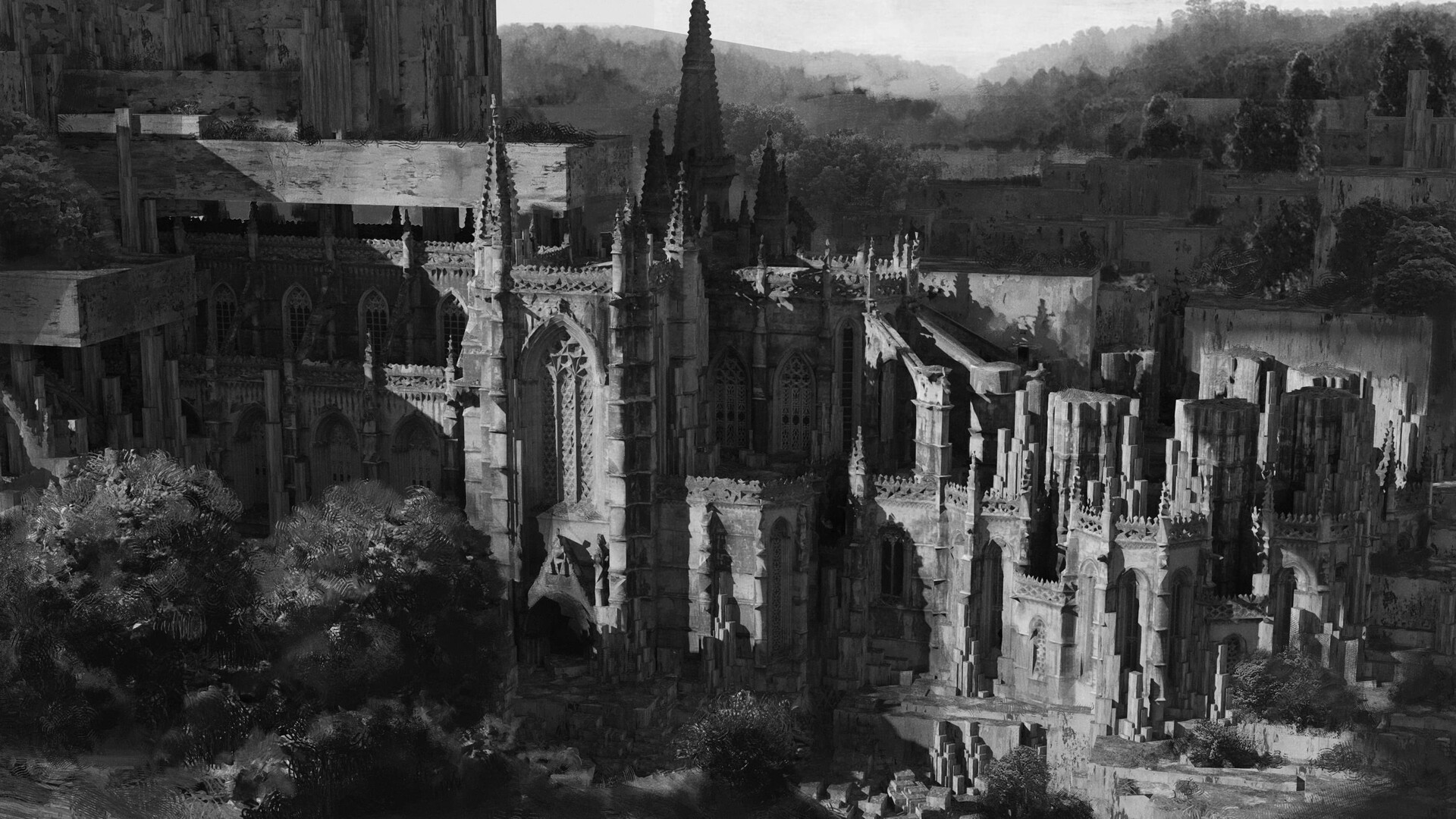 a greyscale of the above image: a giant buttressed and multilevel cathedral, with slight brutalist designs on the upper levels; in a slightly watercolour artstyle