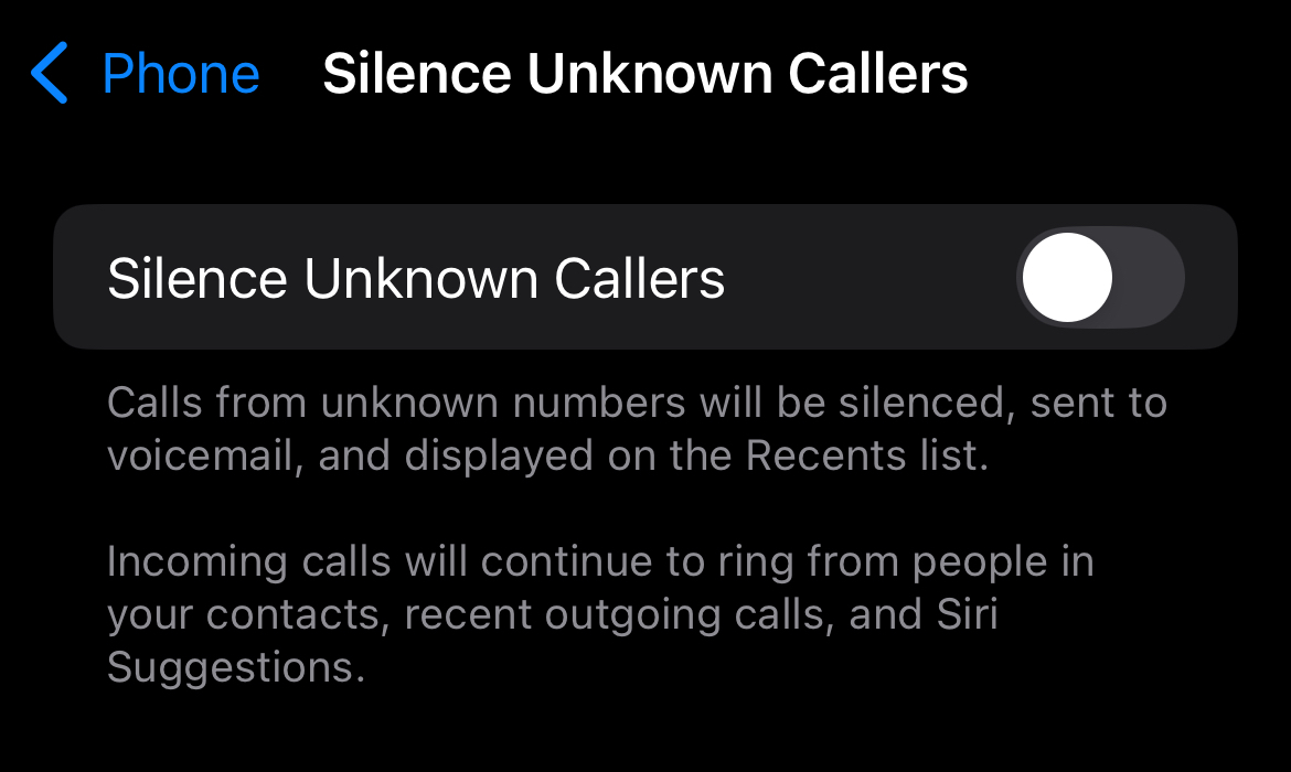 Apple iOS Settings app showing “Silence Unknown Callers” toggle