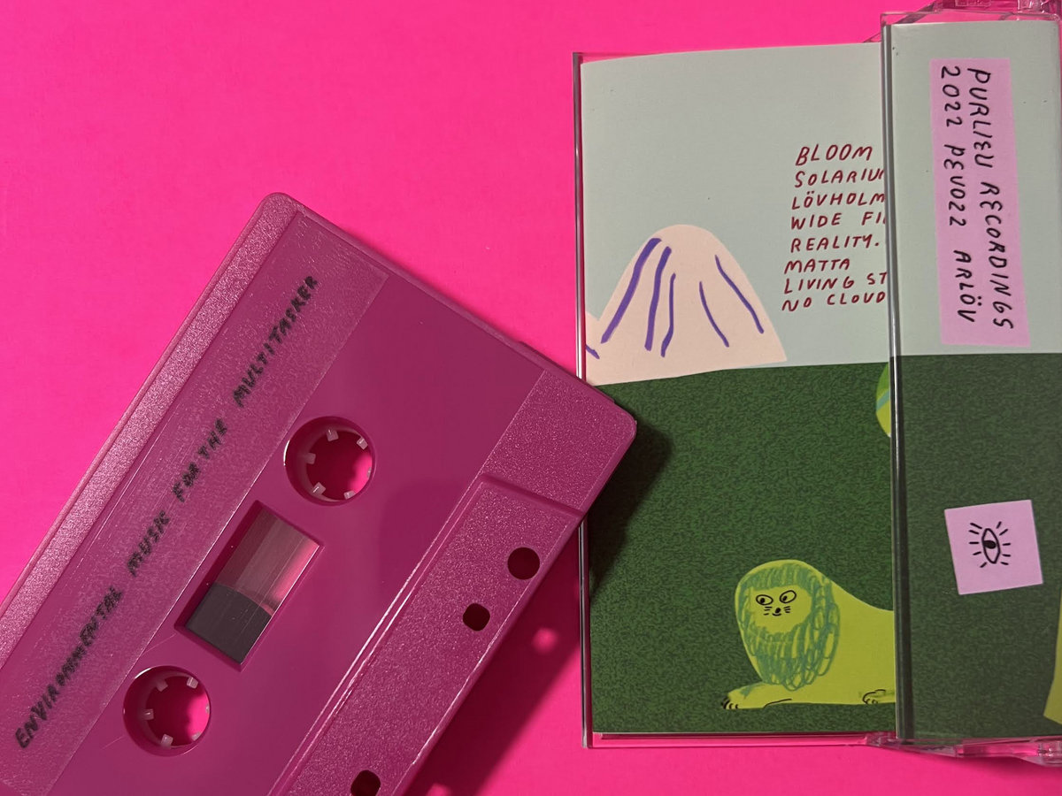 Photo of a purple cassette tape labeled "Environmental Music For The Multitasker", along its J card showing the drawing of a lion and a mountain in the background.