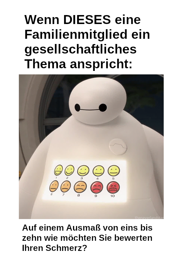 Bild von Baymax: Wenn DIESES eine Familienmitglied ein gesellschaftliches Thema anspricht: Auf einem Ausmaß von eins bis zehn, wie möchten Sie bewerten Ihren Schmerz?