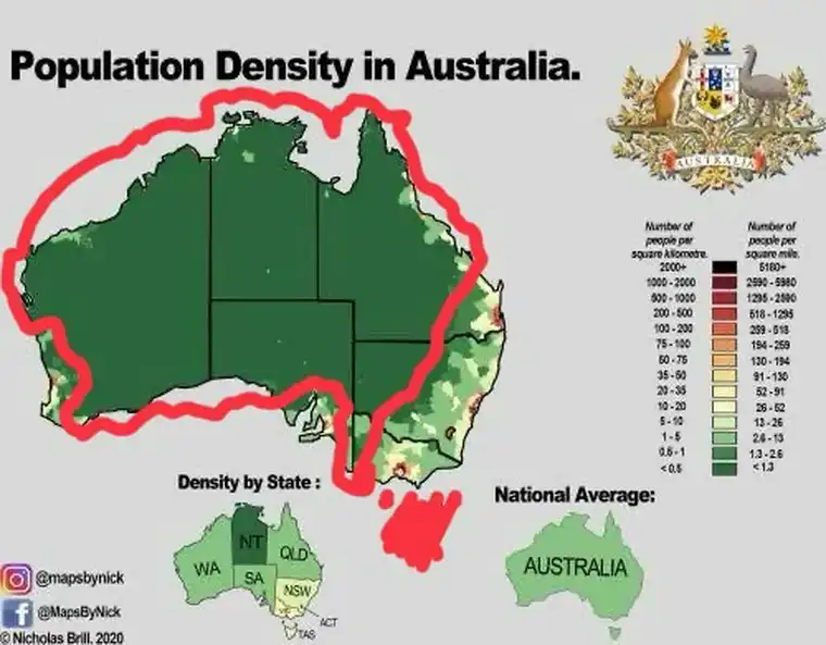 Map of Australia showing population density, with a red line drawn around the large area of land with less than 1 person per square kilometre.