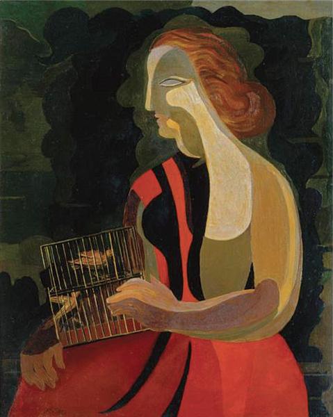 Ginger Woman in a red dress is sitting holding a birdcage in her lap. The background is black and she is seen from a side. The painting is in a cubo-futurist style. 