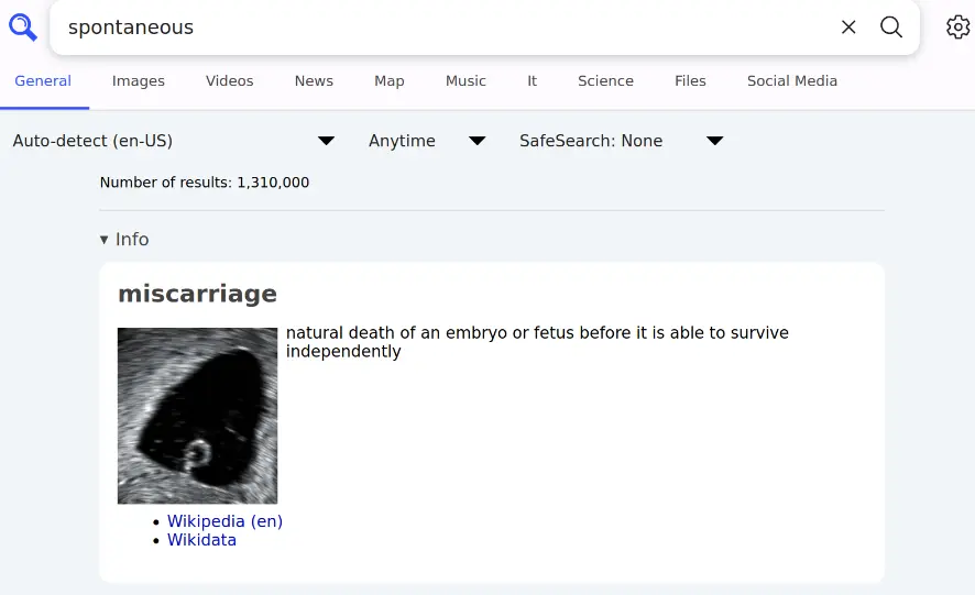 A Searxng search of the word "spontaneous". A info box of miscarriage appears on top of the results