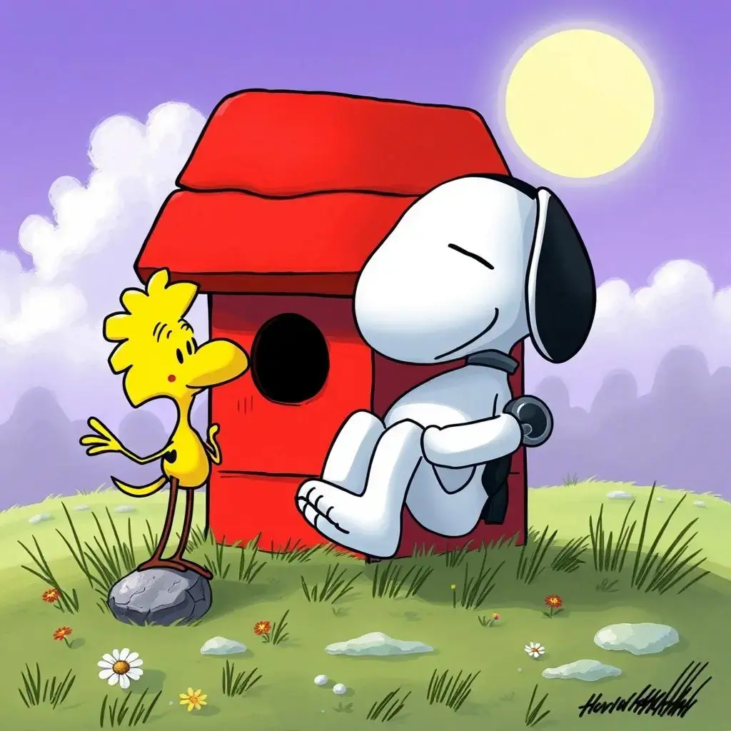 Image with seed 2526128254 generated via AI Horde through @aihorde@lemmy.dbzer0.com. Prompt: a robot Snoopy sleeping on his red doghouse alongside Woodstock###VR,glasses,mask style : drawing