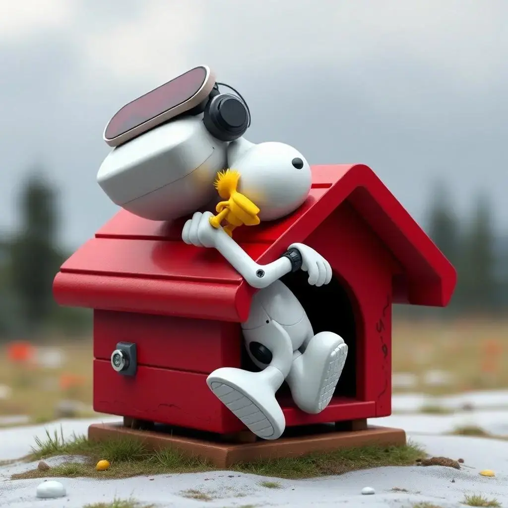 Image with seed 1626184074 generated via AI Horde through @aihorde@lemmy.dbzer0.com. Prompt: a robot Snoopy sleeping on his back on his red doghouse alongside Woodstock #VR #glasses #mask