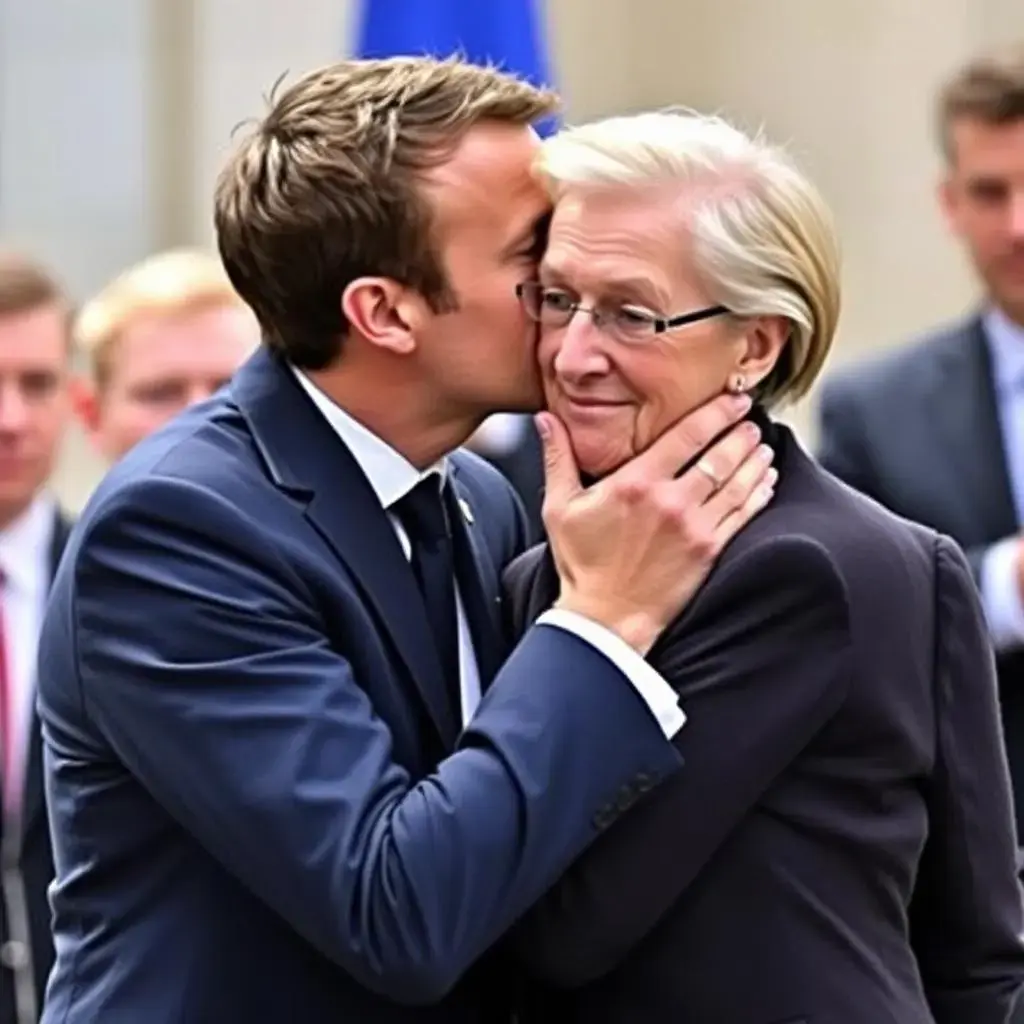 Image with seed 2107288629 generated via AI Horde through @aihorde@lemmy.dbzer0.com. Prompt: Emmanuel Macron kissing Marine  Le Pen