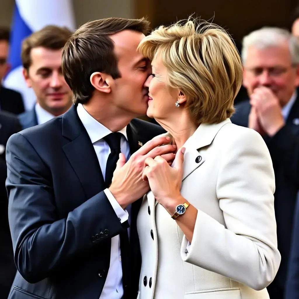 Image with seed 2107288629 generated via AI Horde through @aihorde@lemmy.dbzer0.com. Prompt: Emmanuel Macron kissing Marine  Le Pen