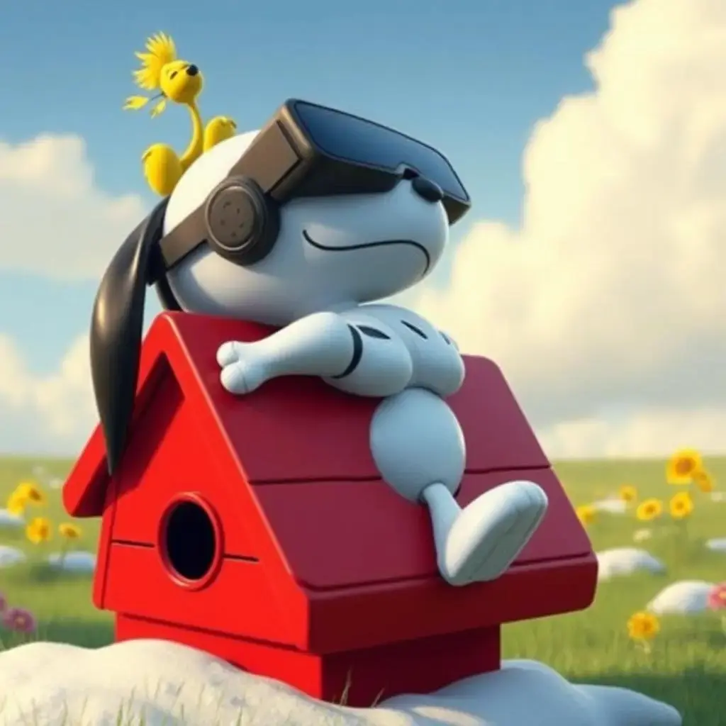 Image with seed 2617804280 generated via AI Horde through @aihorde@lemmy.dbzer0.com. Prompt: a robot Snoopy sleeping on his back on the roof of his red doghouse alongside Woodstock #VR #glasses