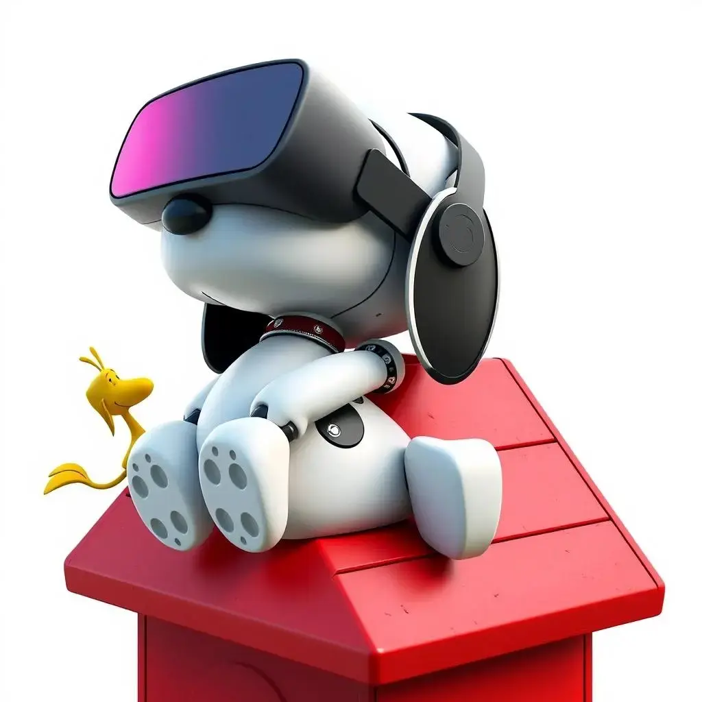 Image with seed 1626184074 generated via AI Horde through @aihorde@lemmy.dbzer0.com. Prompt: a robot Snoopy sleeping on his back on his red doghouse alongside Woodstock #VR #glasses #mask