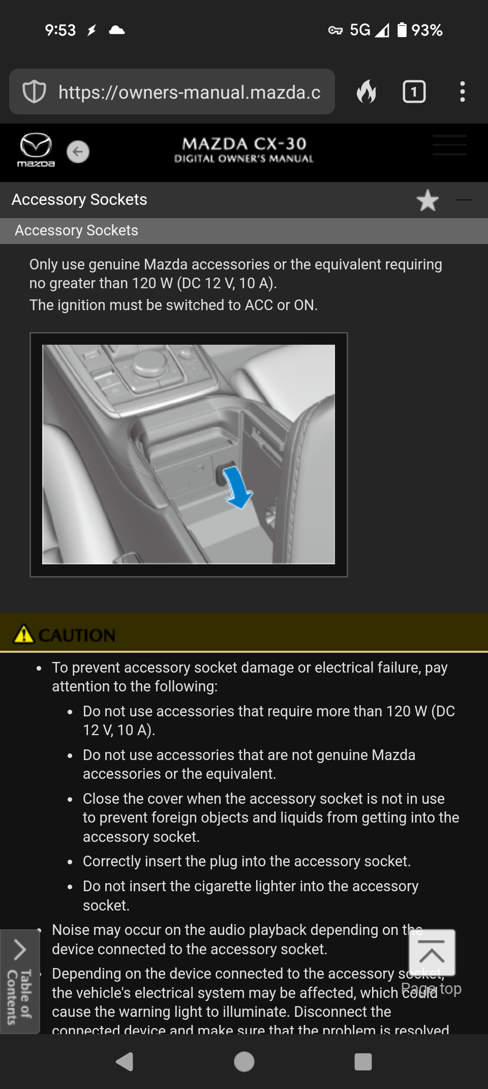 Accessory socket in center console