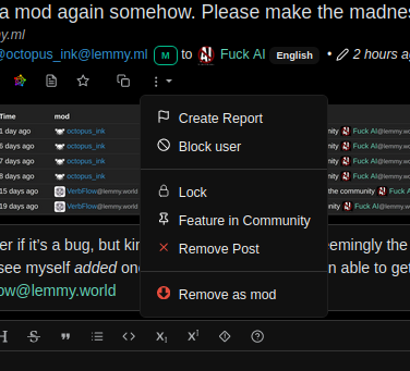 A screenshot of Lemmy-UI showing the "Remove as mod" option in the menu under the "more" button