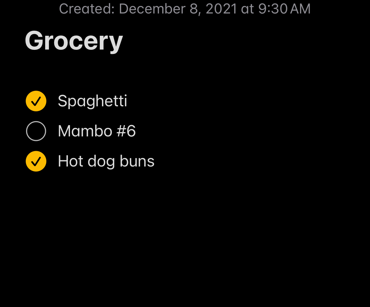 Grocery list containing spaghetti, hot dog buns, and Mambo Number Six