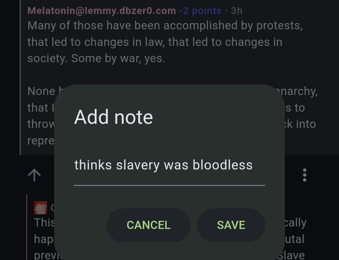 user note UI : "thinks slavery was bloodless"