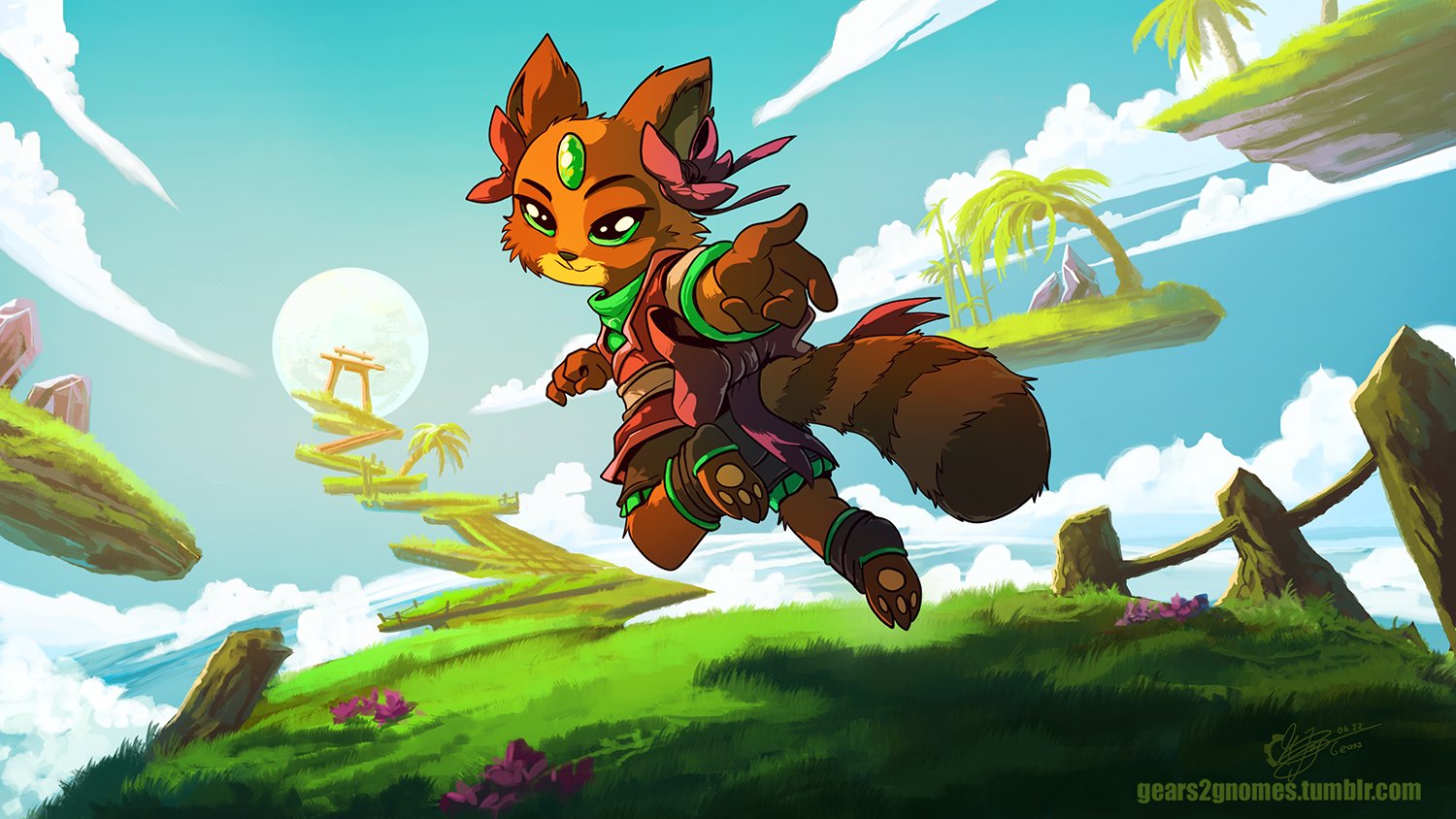 A tanuki named Hana who is running in a floating grassland in the sky.