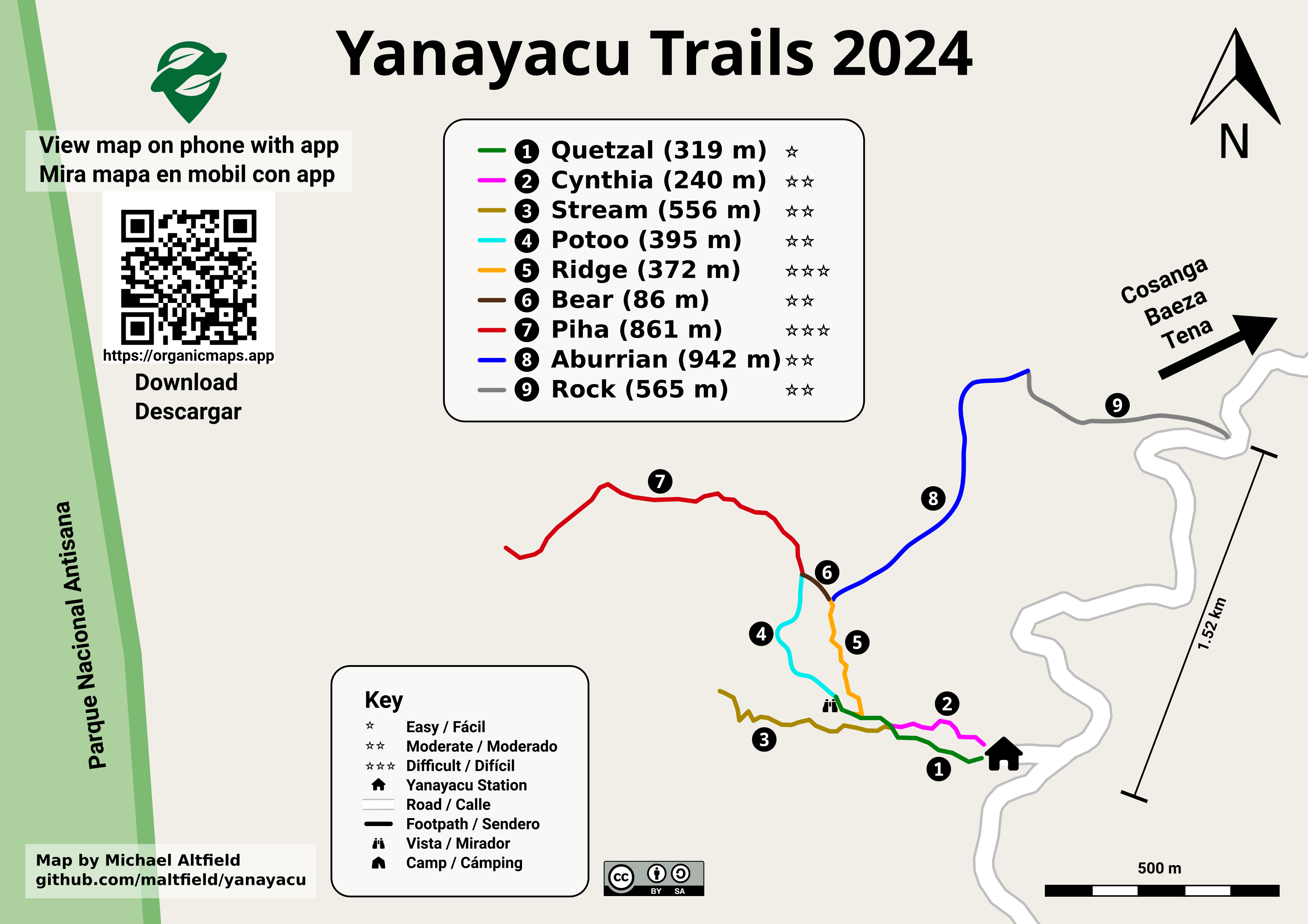 Image shows a trail guide map. The title reads Yanayacu Trails 2024. The bottom-left has a small font that reads Map by Michael Altfield / github.com/maltfield/yanayacu