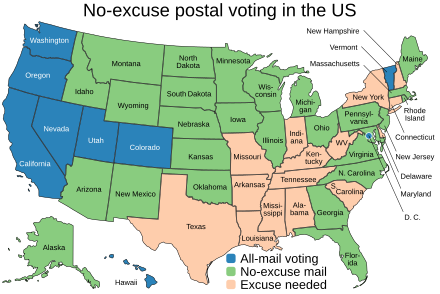 A map showing which states allow voting by mail. 