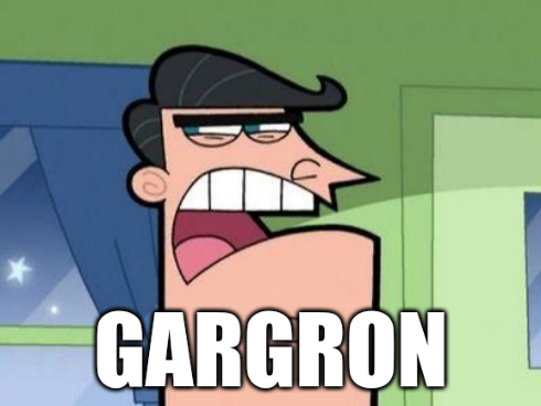 Screen capture from the animated television series Fairly Oddparents, edited into an image macro. It shows a facial close-up of Mr Turner, lead character Timmy Turner's father. He is speaking in anger with his eyes squinted and directed to one side. The image has a large piece of text at the bottom which reads, “Gargron.”