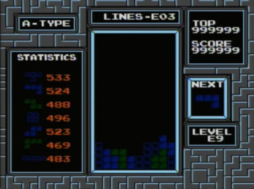 The image shows the infamous "Dusk" level of Tetris, a level that is nearly impossible to see