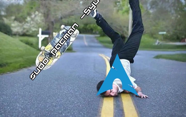Arch Faceplant image of archlogo skateboarder faceplanting with sudo pacman -Syu skatebloard in air