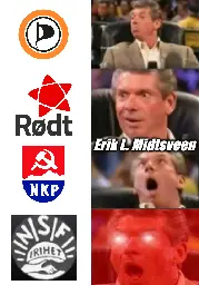 A political meme illustrating the Mastodon user Erik L. Midtsveen’s evolving political affiliations, showing his progression from the Pirate Party of Norway to Rødt, then to the Norwegian Communist Party (NKP), and currently rejecting all political parties in favor of NSF-IAA.